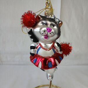 Hand Blown Mercury Glass Style Christmas Ornament 5" Cheerleading Cat Retired